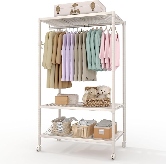 Heavy Duty Rolling Clothes Rack, 3-Tier Adjustable Garment Racks with Rods and Side Hooks, Freestanding Storage Closet Clothing Rack with Wheels for Bedroom Laundry Room Organization, White