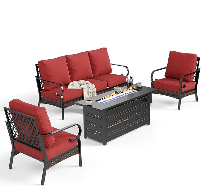 4 Piece Black Metal Outdoor Patio Furniture Sets with Firepit Table, Patio Conversation Sets 1 3-Seater Sofa, 2 Chairs with 5.75" Thick Cushion Backyard Furniture for Deck, Rust Red