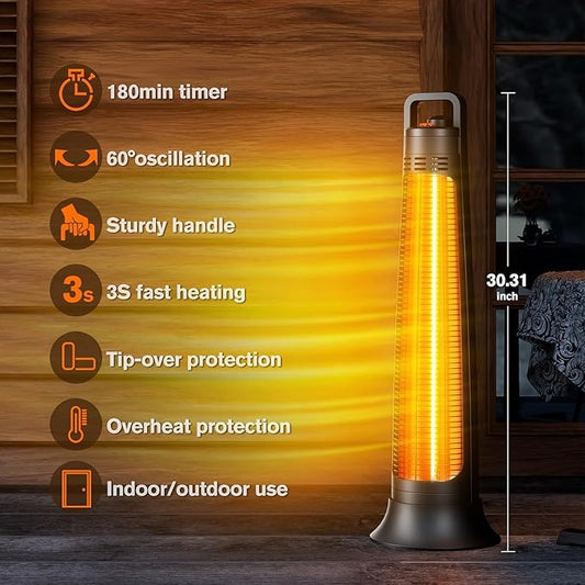 Outdoor Patio Heater, 1200W, 3S Instant Heating, Portable Infrared Heater with 60°Oscillating, 180min Timer, Tip-over & Overheat Protection, Super Quiet Electric Heater for Indoor Outdoor Use, Onyx