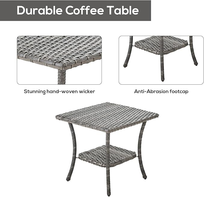 Rilyson Patio Tables Outdoor Coffee Table - Wicker Rattan Side Tables with 2-Tier Storage Shelf End Table for Porch Deck Balcony Garden Outside Square Mixed Grey