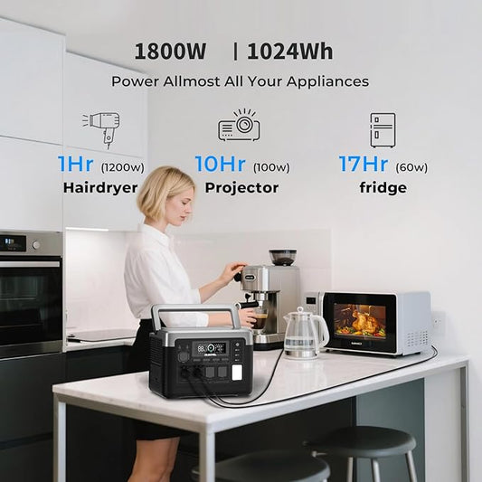 OUKITEL P1000 PLUS 1800W Solar Generator with Panel(Peak 3600W), 1024Wh Power Station 1200W Fast Charging APP Control Emergency LiFePO4 Battery for Home Backup Camping RVs