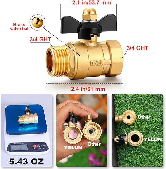 Garden Hose Brass Shut Off Valve Full Flow, No Restricted-Flow Water Shut-Off Connector, 3/4" GHT x 3/4" GHT Garden Hose Full Port Ball Valve Adapter (Butterfly Handle)