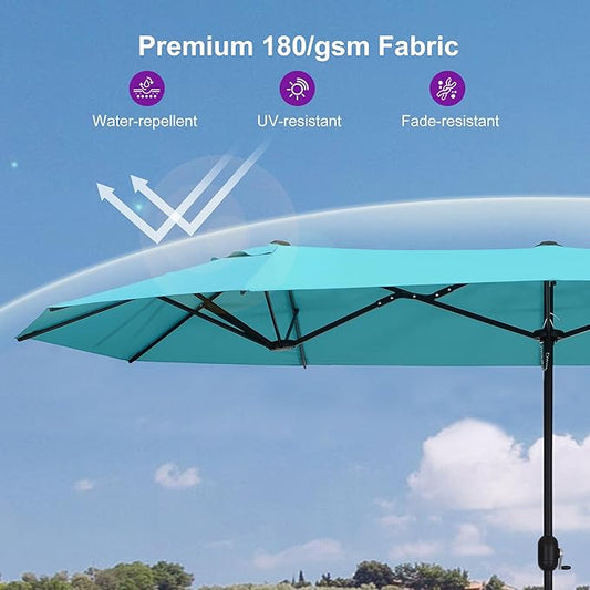 PURPLE LEAF 15ft Patio Market Umbrella with Base Double-Sided Rectangle Outdoor Table Sun Umbrellas with Crank 12 Heavy Duty Sturdy Ribs for Pool Beach Deck Backyard Turquoise Blue