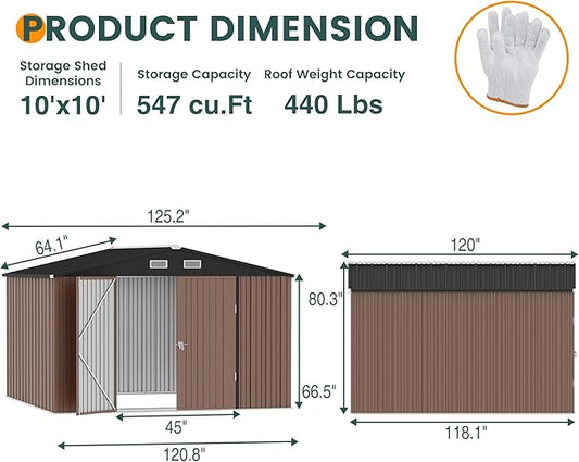 UDPATIO Outdoor Storage Shed 10x10 FT, Outside Sheds & Outdoor Storage Metal Galvanized Steel Yard, Lawn, with Lockable Door for Can, Bike, Lawnmower,Dark Brown