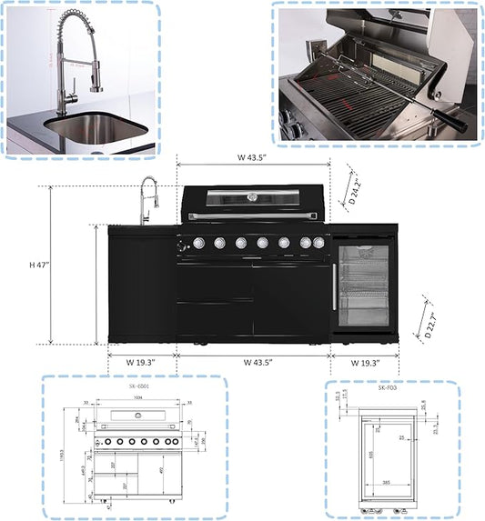 85 Inches Propane Grills 6-Burner 85000 BTU Deluxe 304 Stainless Steel Gas Outdoor Kitchen Bar Barbecue Island Grill, Wine Cooler Compact Refrigerator, Granite Countertops, Stainless Steel Sink, Black