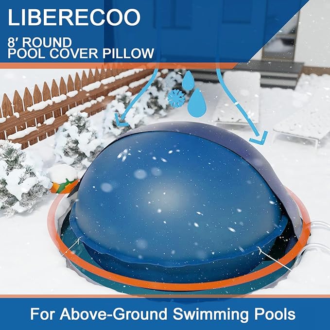 LIBERECOO 8FT Round Pool Cover Pillows for Above-Ground Swimming Pools, 0.4mm Extra Durable Long-Lasting Inflatable Winter Pool Pillows, Ropes Included