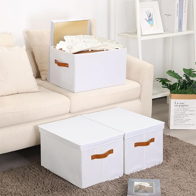 Storage Boxes with Lids, 7.1 x 9.1 x 13 Inch Storage Baskets, Closet Organizers for Shelves Organizing with Handles, White, 5-Pack