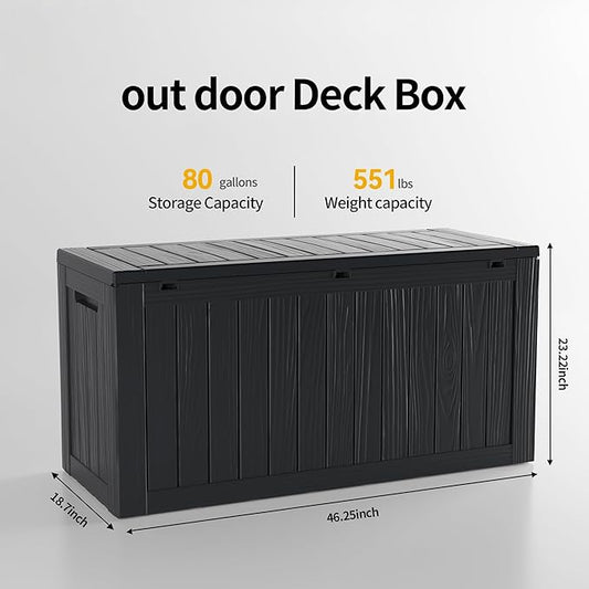 Mersco 80 Gallon Double-Wall Resin Deck Box - Lockable Waterproof Outdoor Storage Box, 515lbs Capacity & Doubles as Seating for Patio Furniture - Garden Tools, Pool Accessories (Black)