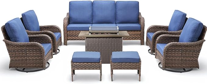 Patio Furniture Set with 42.5" Fire Pit Table-8 Pieces All Weather Wicker Outdoor Furniture with High Back Swivel Patio Chairs Set of 2 Outdoor Couch for Deck Balcony Backyard Brown/Blue