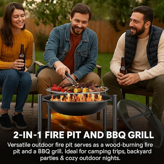 SereneLife 26" Outdoor Wood Fire Pit with BBQ Grill, Mesh Screen, and Wood Storage – Heavy-Duty Steel Frame, Heat-Resistant – Ideal for Bonfires, Camping, and Outdoor Cooking