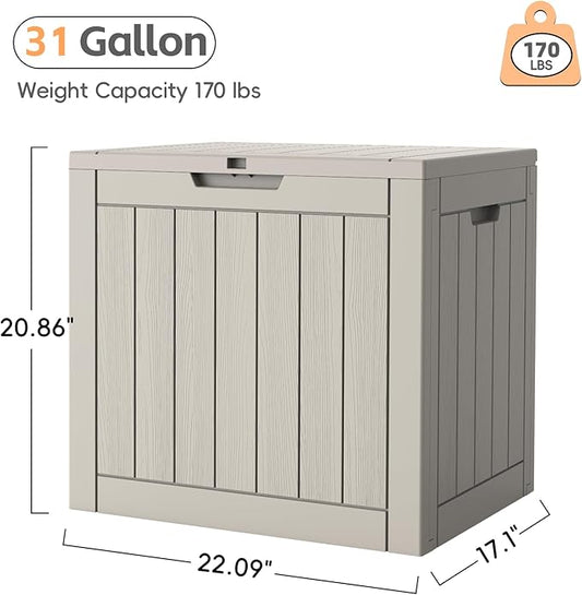 Outdoor Storage Box, 31 Gallon Waterproof Resin Deck Box, Storage Bin for Package Delivery, Patio Furniture Cushion, Garden Tools, Pool Accessories, Weatherproof and UV Resistant, Grey