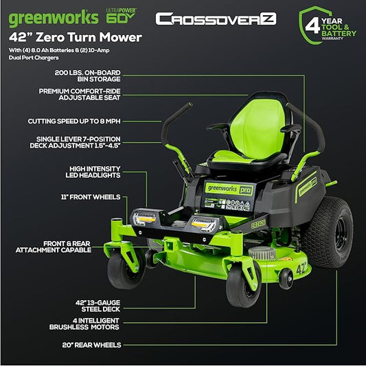 Greenworks 60V 42” Cordless Electric CrossoverZ Zero Turn Riding Mower, (4) 8.0Ah Batteries and (2) Dual Port Turbo Chargers