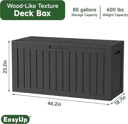 EasyUp 80 Gallon Outdoor Storage Box Waterproof, UV Resistant Resin Deck Box with Hydraulic Rod, Reinforced Stability for Patio, Garden, Striped Black