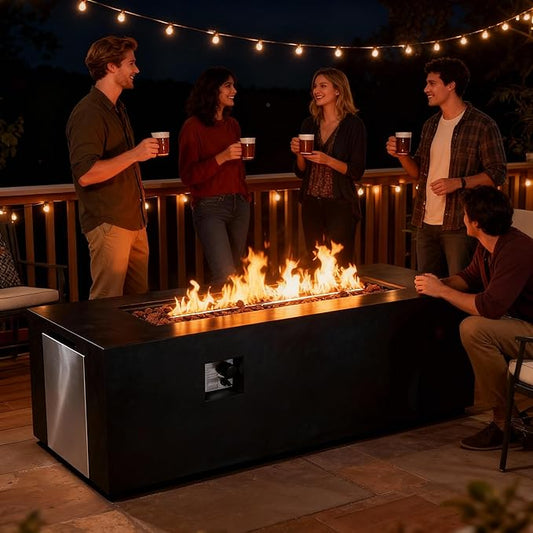 70 Inch Outdoor Propane Fire Pit Table for Outside Patio, Concrete Fire Pit Table, Rectangle Gas Fire Pit for Garden, Pool, Backyard, 60,000 BTU, Free Lava Rocks, Dark Gray