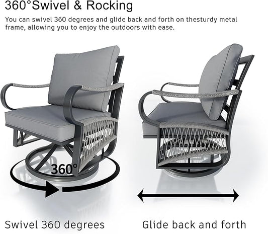 3 Pieces Outdoor Rocking Chairs, 360° Swivel Glider Patio Bistro Sets with Waterproof Cushion Cover, Conversation Furniture Set with Side Table for Porch Balcony Backyard, Gray