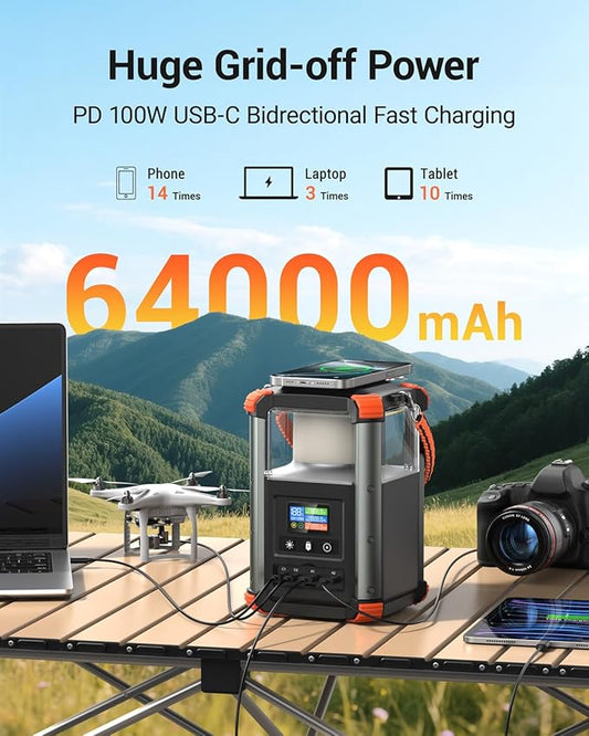 BLAVOR Portable Power Station, 236.8Wh/64,000mAh Outdoor Generator, 100W+65W USB C Two-Way Fast Charging Small Generator, 15W Wireless Power Bank with Camping Lantern for Camping, and Home Emergencies
