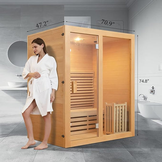 ZONEMEL Wooden Steam Sauna Room, 3 Person Canadian Hemlock Luxurious Indoor Sauna with 6 KW Harvia Stove Heater, WiFi Control, Sauna Stone, Wooden Bucket, Scoop, Reading Light, Hourglass, 220V