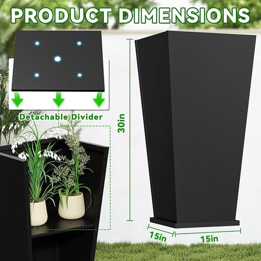 Metal Planter 2 Pack, 15L x 15W x 30H, Heavy Duty Tall Planters for Outdoor Plants, Black Planters with Removable Insert Shelf, Large Planters with Drainage Holes for Porch, Patio, Black