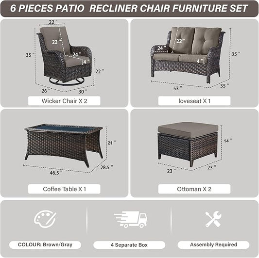 Belord Wicker Outdoor Furniture Patio Furniture Set - 6 Piece Patio Conversation Set with Swivel Rocker Chairs, Loveseat Sofa, Ottomans and Coffee Table, Gray Cushion