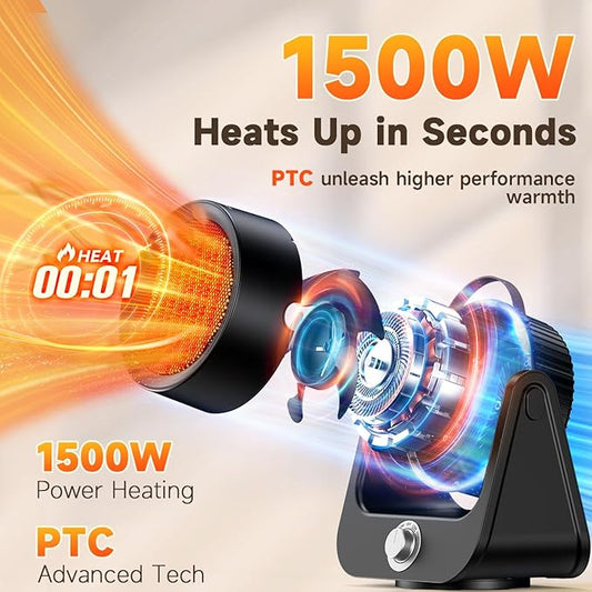 1500W PTC Ceramic Electric Heater, 250Sq.ft 1S Heating, 4 Modes, 100° Vertical & Horizontal 3D Swing Patio Heaters for Outdoor Use, Tip-over&Overheat Safe Space Heaters for Indoor Use Garage