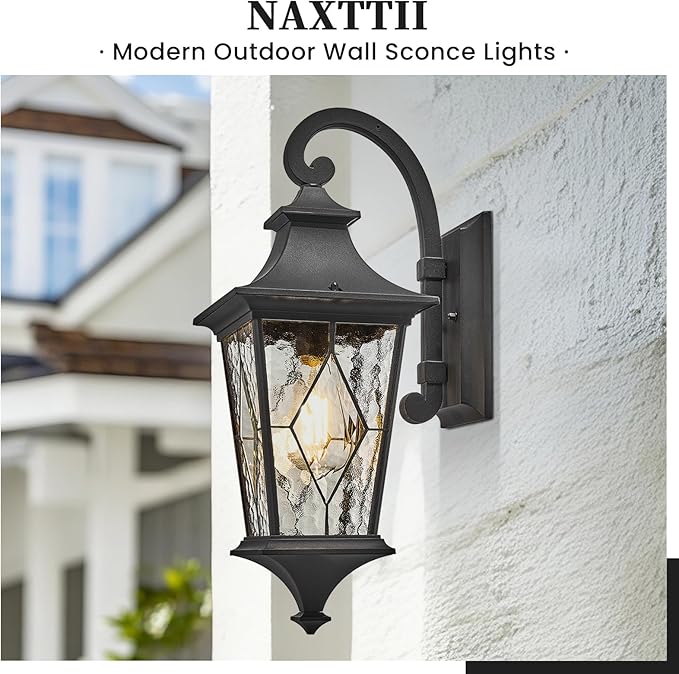NAXTTII Outdoor Sconce Lights Black Porch Lights Outdoor Aluminum Waterproof Exterior Lighting Fixtures with Water Ripple Handmade Solder Glass E26 Socket