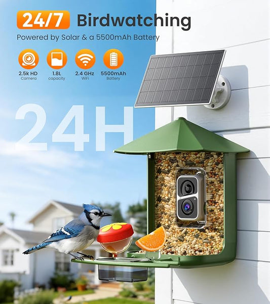 Smart Bird Feeder with Camera - 2.5K HD Night Vision Bird Feeder with Camera Solar Powered, Free AI Identify Auto Video 170° Live View Birds Feeders for Birds Lovers Outdoors(Green)