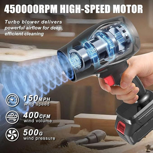 Electric Cordless Leaf Blower, 450000RPM Lightweight Handheld Dust Blower with 2 Battery & Charger, Adjustable Speed, High-Speed Motor Leaf Blowers for Lawn Care, Garage/Patio/Car Cleaning