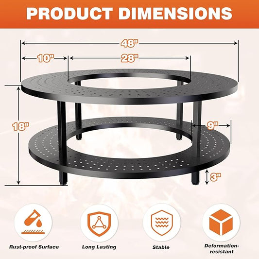 Fire Pit Surround Tabletop for Solo Stove Yukon 1.0 & 2.0, 48" Fire Pit Surround Tabletop with Wood Storage Shelf,Powder-Coated Steel Surround Tabletop with Extra Space