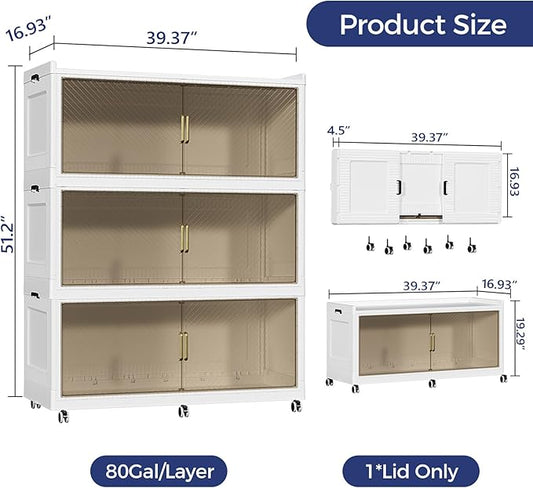 960QT Extra Large Storage Bins with Lid and Wheels, 240Gal Stackable Closet Organizers and Storage Cabinet, Collapsible Storage Box Drawer with Doors for Home Kitchen Office Dorm, 3Pack White