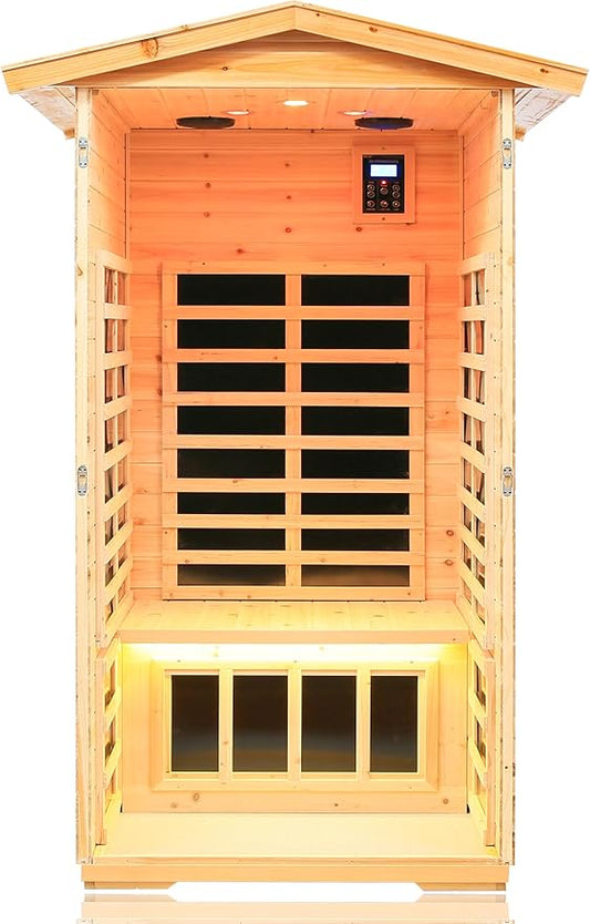 LTCCDSS Outdoor Far Infrared Sauna 1 Person, Canadian Hemlock, Withstand Outdoor Temp -10℉-149℉| Low EMF Sauna Room for Home-Chromotherapy-Bluetooth Speaker