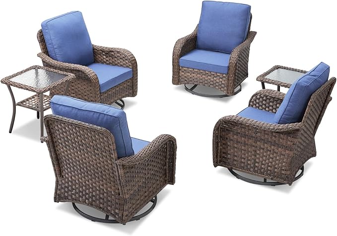 Patio Wicker Chairs Swivel Rocker-Outdoor Swivel Rocker Chair Set of 4 with Wicker Glider Rocker Set, PE Rattan Rocking Chair with 2 Side Table for Balcony Deck Porch Brown/Blue