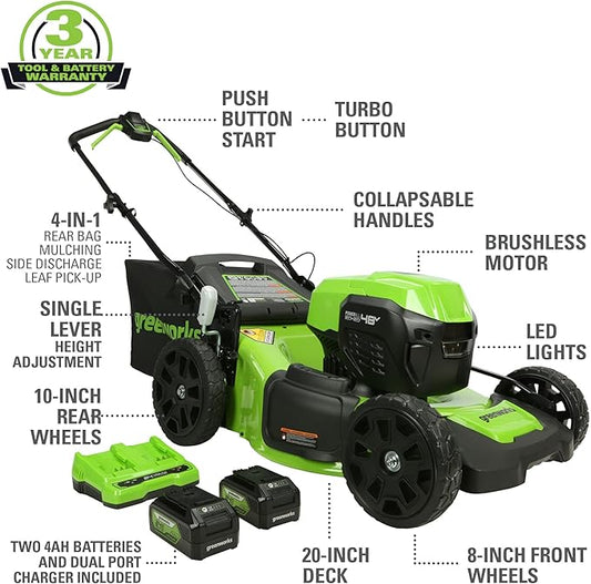Greenworks 48V (24V x 2) All-in-One Cordless Combo - 20" Push Lawn Mower, 12" Trimmer, 320 CFM Blower & 500 Lumen Lantern
