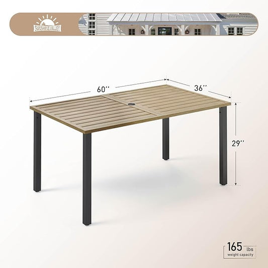 60" Patio Dining Table for 6,Teak Color Rectangle Patio Table with Umbrella Hole,E-Coating and Powder Coating Steel Frame Metal Outdoor Patio Table for Garden Backyard Lawn Yard