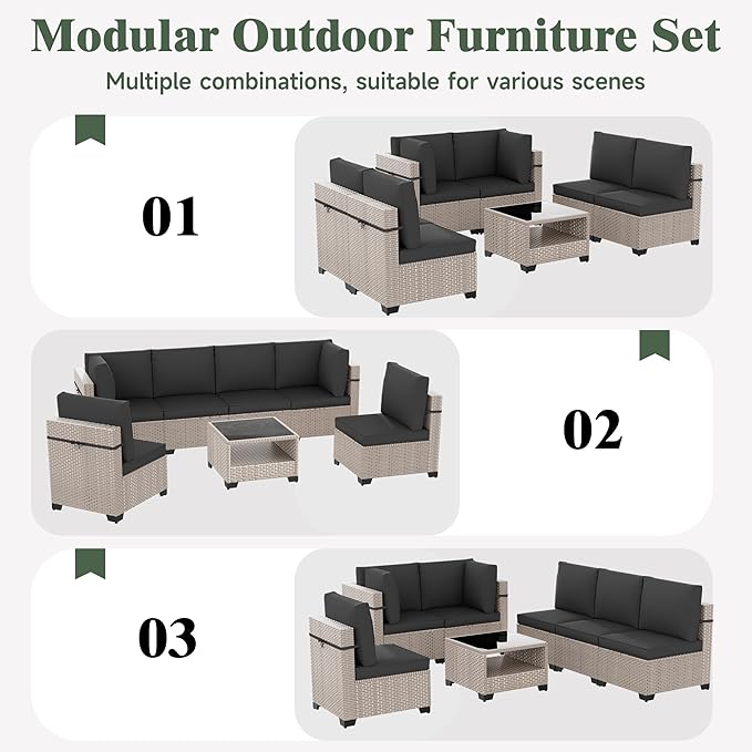 8 Pieces Patio Furniture Set with Fire Pit Table, Outdoor Sectional Wicker Sofa with Thick Cushions and Storage Coffee Table, Rattan Patio Conversation Sets, Black