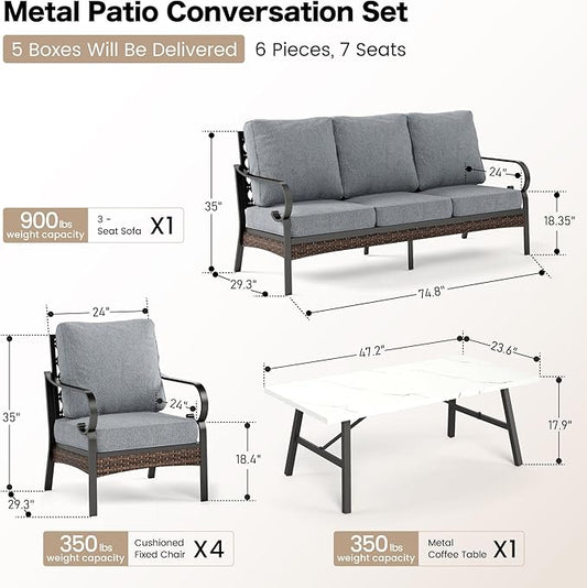 6 Piece Metal Outdoor Patio Furniture Sets, Patio Conversation Sets 1 3-Seater Sofa, 4 Single Sofa with 5.75" Extra Thick Cushion & Coffee Table, Black Frame Backyard Furniture, Gray