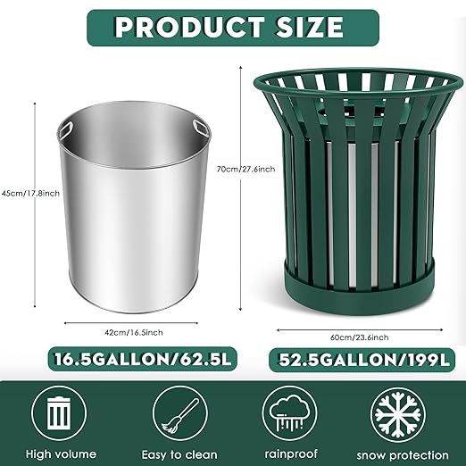 27.6IN Round Large Outdoor Trash Can, Heavy Duty Metal Slatted Garbage Can Outdoor, All Weather Resistant Commercial Garbage Cans, Waste Receptacle in Park, School, Beach, Patio, Green