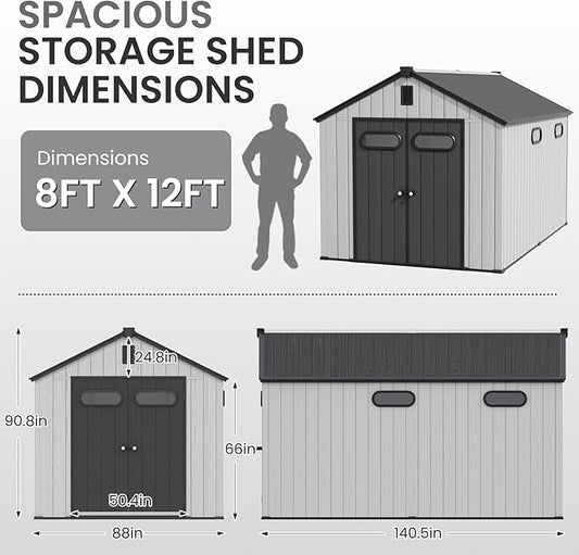 CRESTLIVE 8x12 FT Rust-Resistant Plastic Outdoor Storage Shed, Waterproof Resin Garden Shed with Floor, Doors, Skylight & Vent for Lawn Tools & Bikes