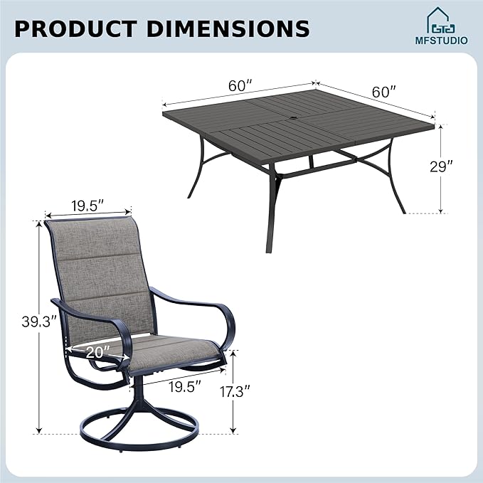MFSTUDIO Patio Table and Chairs Set, Patio Dining Set for 8 with Umbrella Hole, 9 Piece Outdoor Patio Furniture Set for Deck/Backyard/Poolside/Garden