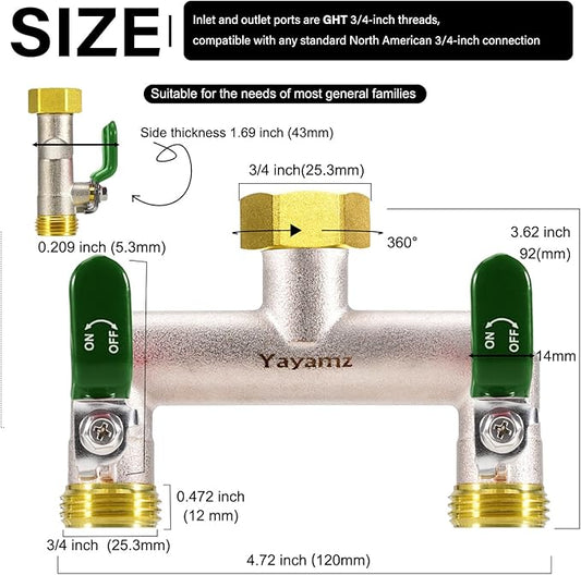 2 Way Garden Hose Splitter, Heavy Duty Brass Nickel Plated Rust Resistant Faucet Manifold, 3/4" Frost Resistant Outdoor Hose Adapter Connector,Hose Spigot Adapter with 2 Large Green Handles