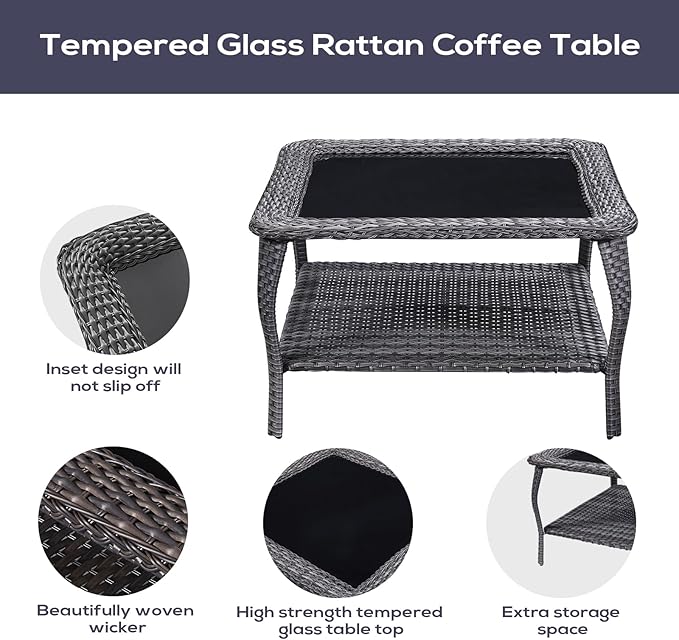 Belord Outdoor Furniture Sectional Sofa L Shaped Couch - Patio Wicker Set with 2 Swivel Glider Chairs, 5 Piece Rattan Patio Conversation Sets with Blue Cushion for Deck Backyard Sunroom