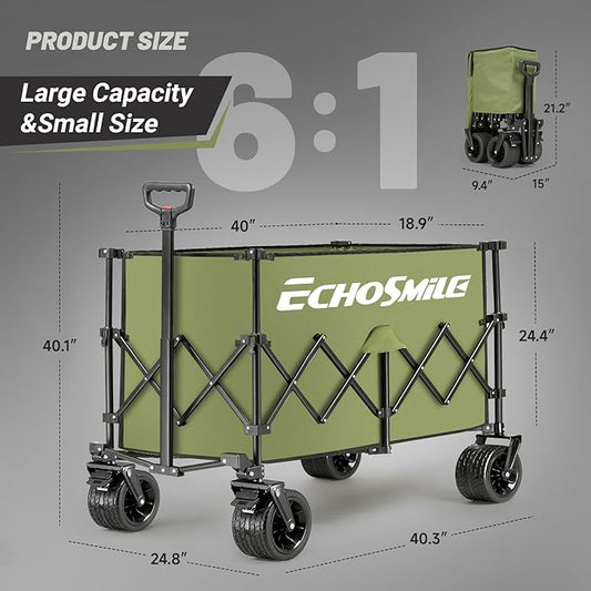 EchoSmile Collapsible Foldable Extended Wagon with 500lbs Weight Capacity, 300L Folding Utility Wagon Cart with Big All-Terrain Wheels for Beach,Sport,Gargen&Grocery,Green