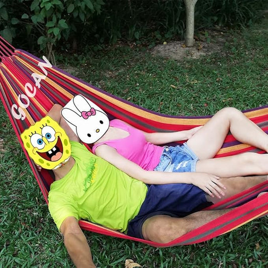 GOCAN Brazilian Double Hammock 2 Person Extra Large 220x160cm Total Length 330cm Load 500lb Canvas Cotton Hammock for Patio Porch Garden Backyard Lounging Outdoor and Indoor(Rainbow) XXL