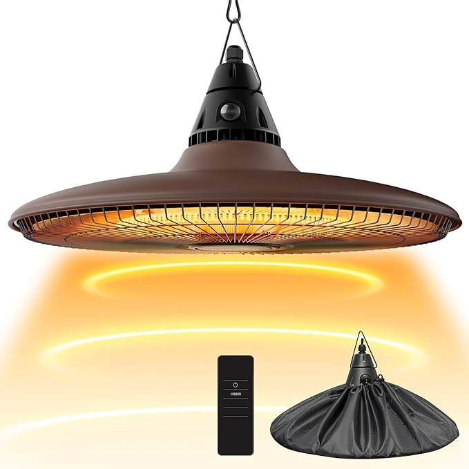 Hanging Heater, 1500W Outdoor Electric Patio Ceiling Heater with Remote Control, Infrared for Courtyard, Garage, Patio, Overheat & Tip-Over Protection, IP65 Waterproof, Brown