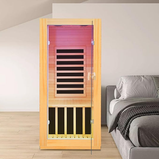 One/Single Person Sauna Far Infrared Wood Saunas Room with 5-Color Light Red Light Therapy Home Wood Spa Dry Saunas 900W /110V Spa Beauty of Natural Wood 27.6"x35.2"x61.6"