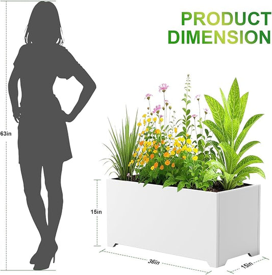 Large Planters for Outdoor Plants 32" L x 15" W x 15" H, Metal Planter Box with 6 Drainage Holes, Raised Bottom, All-Weather Garden Planter for Patio, Lawn, Commercial & Residential, White