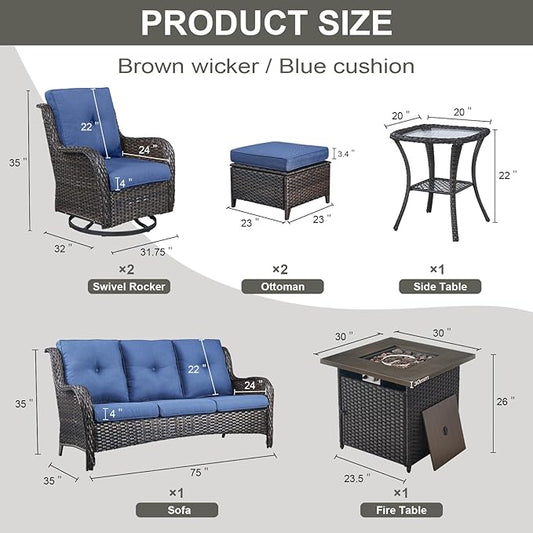 Belord Outdoor Patio Furniture Set with Propane Fire Pit Table, 7 Pieces Wicker Patio Conversation Set with 2 Swivel Glider Rocker Chairs Rattan Sofa Blue Cushion Perfect for Casual Gathering