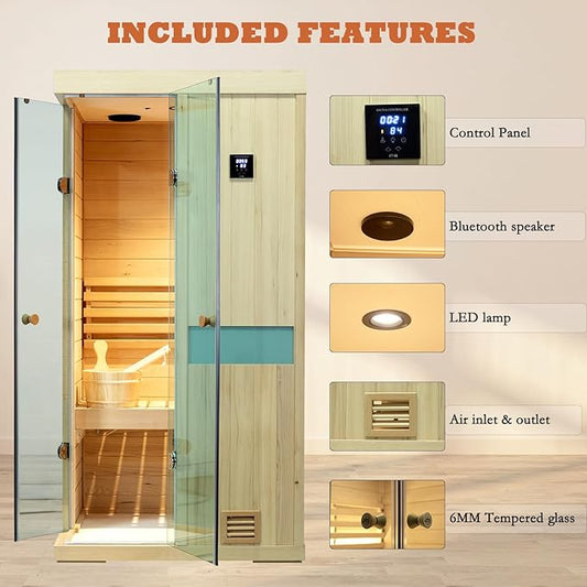 LTCCDSS 1 Person Traditional Steam Sauna Room, Hemlock Wooden Indoor Steam Saunas for Home with 240V, Low EMF 2.5KW Steam Sauna Heater, Sauna Stone, Wooden Bucket, Bluetooth Speaker, LED, LCD