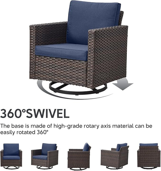 6 Piece Wicker Patio Furniture Set - Outdoor Swivel Rocker Chairs Set with Coffee Table, 3 Seat Sofa & Ottomans, Small Patio Conversation Sets Proch Furniture for Balcony Deck - Brown/Blue