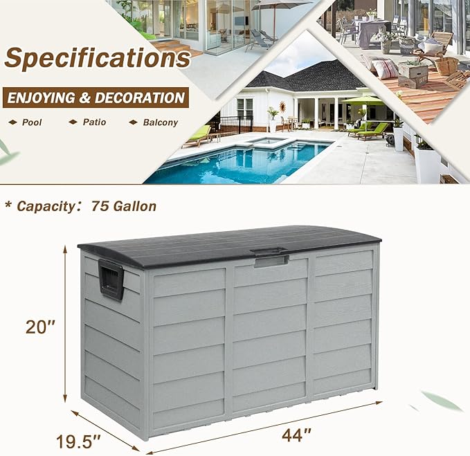 75 Gallon Outdoor Deck Storage Box, Patio Resin Deck Storage Container, Store Cushion and Sundry Things (Grey)