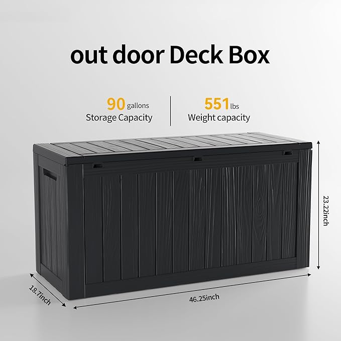 90 Gallon Deck Box Large Outdoor Storage for Patio Furniture,Outdoor Cushions,Garden Tools and Pool Supplies,Waterproof,Resin,Lockable (Black,90 Gallon)